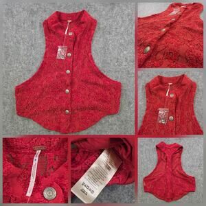 Free People X Revolve Rare Top Vest Womens Large Red‎ Lace Button Front Boho